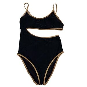 Aerie Black & Gold Full Coverage Cutout One Piece Swimsuit size Medium